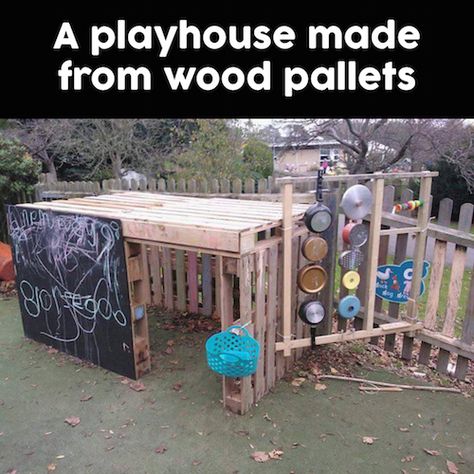 Use wood pallets (from your own garden or get some that your local nursery is throwing out) and make an incredible playhouse for the kids! Neat - Eyfs Outdoor Area, Outdoor Play Space, Smart School House, Outdoor Play Spaces, Build A Playhouse, Outdoor Play Areas, Smart School, Kids Outdoor Play, Outdoor Play Area