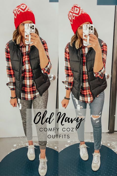 50 Degree Weather Outfit Winter Casual, Navy Sweatshirt Outfit, Basketball Mom Outfit, Winter Outfits Casual Leggings, Plaid Jacket Outfit, Navy Outfits, Blouse Outfit Casual, Leggings Outfit Winter, Old Navy Outfits