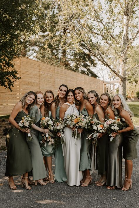 Greenery Bridesmaid Dresses, Safe Wedding Colors, Bridesmaid Sage Dresses, Different Shades Of Sage Bridesmaids, Neutral Wedding Bridesmaid Dress, Different Length Bridesmaid Dresses, Neutral Forest Green Wedding Theme, Garden Wedding Bridesmaid Dresses Green, Sage And Forest Green Bridesmaid Dresses