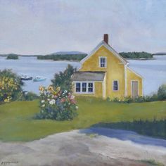 "Yellow House" by Karen McManus. 10" X 10" Oil. SOLD! maine-art.com House By The Water, Cottage Painting, Maine Art, Cottage By The Sea, Yellow House, Yellow Houses, Cottage Art, 수채화 그림, Watercolor Landscape Paintings