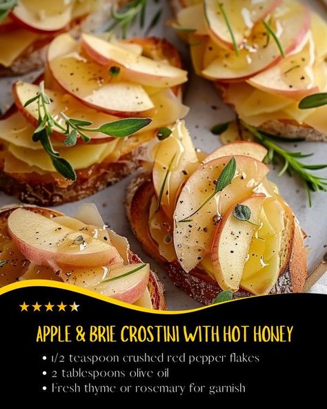 Top Recipes | Apple & Brie Crostini with Hot Honey | Facebook Baked Brie Toppings, Apple Brie Crostini, Brie Toppings, Honey Brie, Brie Crostini, Apple Brie, Harvest Food, Harvest Recipes, Hot Honey