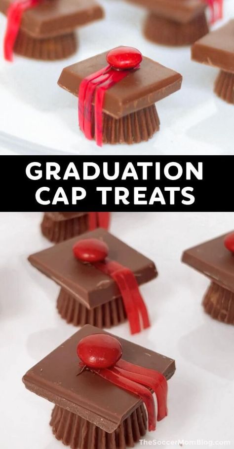 These adorable graduation caps are made with candy! Easy and festive treats that are perfect for graduation parties! Bonus, they can be made ahead of time! This quick and easy recipe is the perfect snack or dessert to serve at your celebration! Graduation Cap Treats, Graduation Treats Ideas, Graduation Snack Ideas, Graduation Snacks, Graduation Party Desserts, Graduation Treats, Graduation Food, Graduation Desserts, Decadent Food