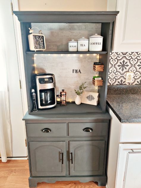 Coffee Hutch Diy, Hutch Coffee Bar Ideas, Coffee Bar From Hutch, Hutch Makeover Coffee Bar, Coffee Bar Hutch Ideas, Diy Kitchen Hutch, Hutch Dining Room, Hutch Coffee Bar, Party Coffee Bar