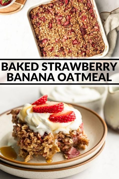 This baked oatmeal is healthy but decadent! Enjoy as a make ahead breakfast for the week, as a special weekend breakfast for the family, or as part of a delicious brunch menu when entertaining! Oatmeal Recipes Breakfast, Oatmeal With Strawberries, Strawberry Banana Oatmeal, Baked Oatmeal Recipes Breakfast, Sweet Breakfast Casserole, Banana Baked Oatmeal, Strawberry Oatmeal, Strawberry Glaze, Gluten Free Oatmeal