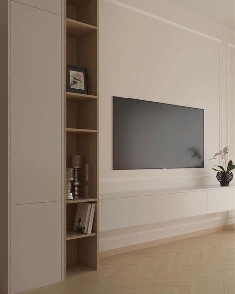 Living Room Tv Wall Storage, Asymmetrical Media Wall, Billy Tv Wall, Tv Snug Room Ideas, Tv Wall Design With Storage, Tv Display Ideas Living Room, Entrance Ideas Modern, Led Tv Wall Design, Side Of Tv Wall Decor