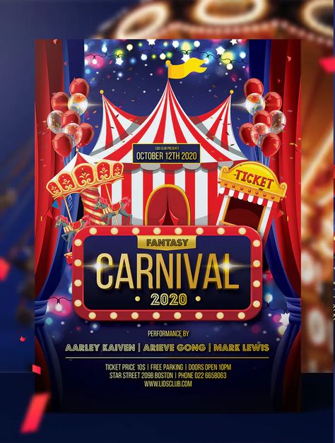 Carnival Event Ideas, Carnival Design Ideas, Carnival Theme Color Palette, Carnival Poster Ideas, Carnival Advertisement, Circus Flyer, Carnival Flyer Design, Carnaval Design, Carnival Graphic Design