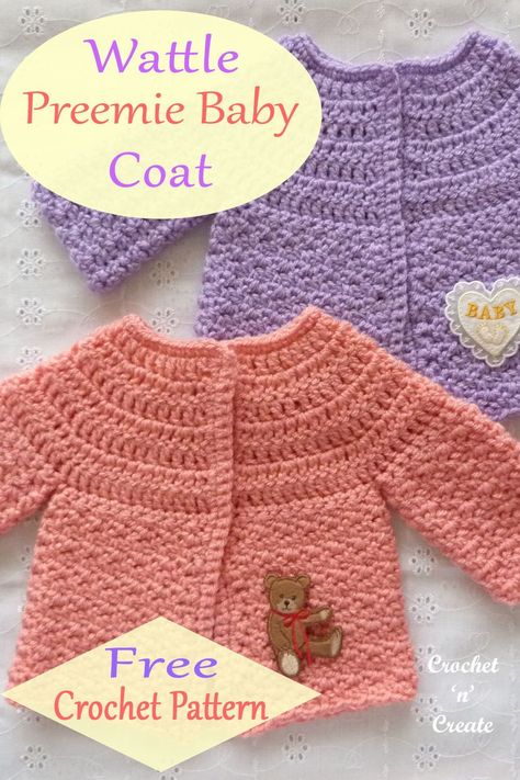 Wattle preemie baby coat, the instructions for this free crochet pattern are written for a 12 inch chest premature baby or a 16 inch in length doll. Premie Clothes, Crochet Baby Headband Pattern, Crochet Sweater Top, Baby Cardigan Pattern Crochet, Diy Crochet Sweater, Preemie Crochet, Baby Jackets, Home Crochet, Crochet Baby Jacket