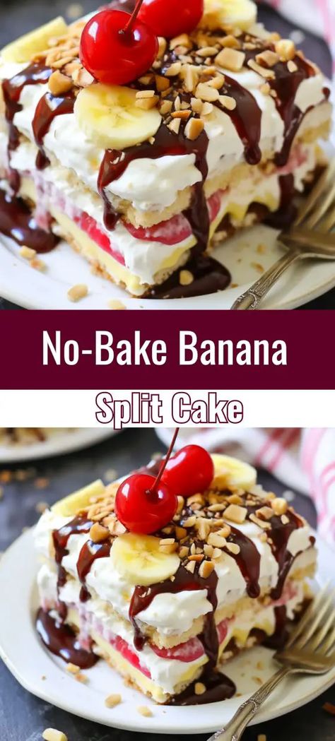 No-Bake Banana Split Cake - Quick & Easy Dessert No Bake Banana Split Cake, Banana Split Cake Recipe, Puding Pisang, Banana Split Dessert Recipes, Split Cake, Banana Split Cake, Banana Split Dessert, Deserts Easy, Banana Dessert Recipes