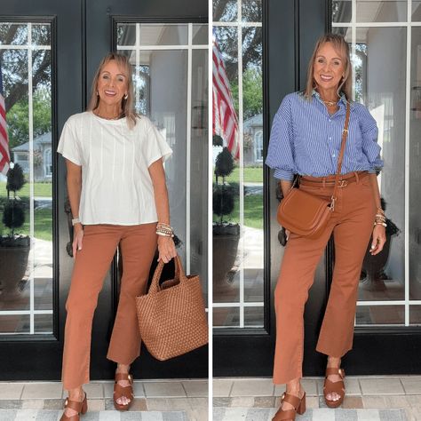 two ways to wear rust jeans Rust Colored Jeans Outfit, Rust Jeans Outfit, Rust Shirt Outfit, Rust Colored Pants Outfit, Rust Pants Outfit, Rust Jeans, Colored Pants Outfits, Dye Projects, Denim Pants Outfit