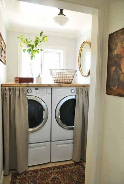 love this idea in the laundry room, adding DIY curtains to hide the washer and dryer. & the counter top on top of the washer and dryer for storage and decor.. great for a small laundry room! Hidden Laundry Rooms, Laundry Room Decorating, Hidden Laundry, Small Laundry Room Organization, Laundry Closet, Small Laundry Rooms, Small Laundry Room, Small Laundry, Laundry Room Storage