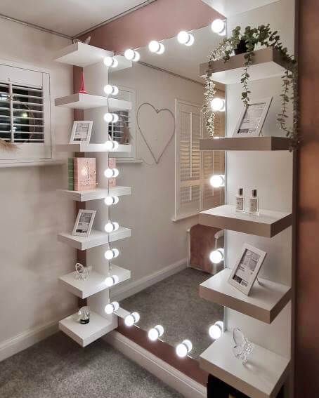 Full Description Wow, we have gone XL glam with this full-length Hollywood mirror with lights. 🌟 Featuring 28 super bright white bulbs making you look your best and on-point every day. 💡 Dimmer switch allows for the perfect lighting for makeup application 💄 or brightening up the entire dressing room. ✨ The mirror can be leant against a wall like in our photos or includes wall-mounted fixtures also if you wanted to wall mount it. No assembly just screw in the bulbs. Size: Height 170cm x 87cm W Small Hall Room Interior Design, Full Wall Decoration Ideas, Big Room Mirror, Room Ideas Bedroom Pink, Full Length Mirror Ideas, Mirror Lights Bedroom, Light Bulb Mirror, Aesthetic Dressing Room, Mirror For Room