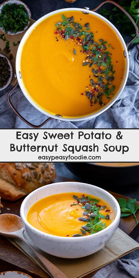 Slow Cooker Butternut Squash And Sweet Potato Soup, Butternut Squash Sweet Potato Apple Soup, Butternut Squash And Sweet Potato Soup, Butternut Squash Sweet Potato Recipes, Potato Squash, Butternut Squash Sweet, Nutritious Dinner, Inflammation Recipes, Easy Butternut Squash