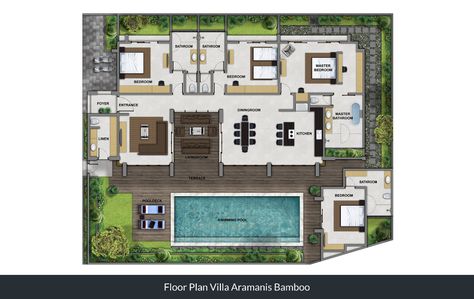 Bamboo - Floorplan ~ Bali Villas ... Bamboo House Bali, Bali Villas, Foyer Entrance, Villa Bali, Bali House, Seminyak Bali, Hotel Plan, Model House Plan, Luxury Villa Rentals