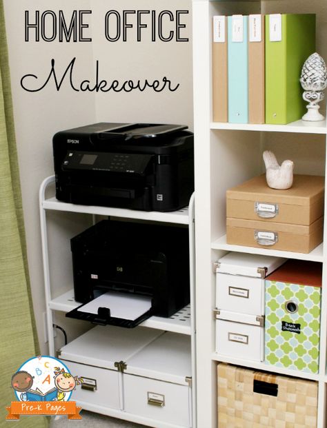 Inexpensive Home Office Printer Stand & other organization ideas...get my closet space to look like this! :) Closet Office Organization, Printer Storage, Home Office Makeover, Home Office Closet, Office Closet, Closet Office, Printer Stand, Office Guest Room, Desk Organization Office