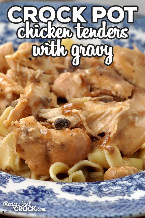 This Crock Pot Chicken Tenders with Gravy recipe is super simple and delicious meal all of your family and friends will love! via @recipescrock Chicken Tenders With Gravy, Tenderloin Crock Pot Recipes, Crock Pot Chicken Tenders, Chicken Tender Recipes Easy, Tenderloin Recipes Crockpot, Easy Chicken Tenders, Cilantro Chicken, Chicken Tenderloin, Chicken Tenderloin Recipes