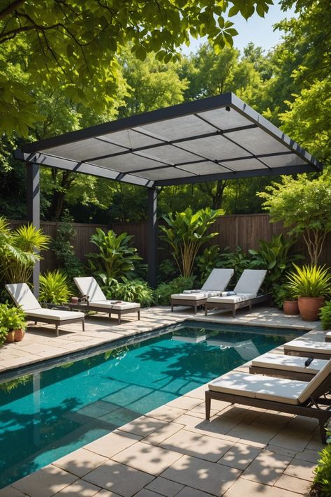 20 Innovative Pool Shade Ideas To Keep Cool - Toolz Geek Outdoor Pool Shade Ideas, Shaded Pool Ideas, Diy Pool Shade Ideas, Backyard Sail Shade Ideas, Pool Heating Ideas, Pergola Over Pool, Pool Shade Ideas, Pool Shade Sail, Pool Canopy