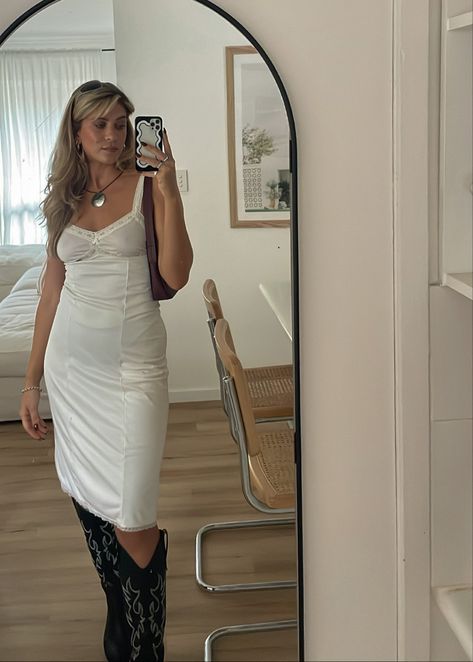 vintage slip dress outfit aesthetic cowboy boots Vintage Slip Dress Outfit Aesthetic, French Slip Dress Outfit, Vintage White Slip Dress Outfit, Short Slip Dress Outfit Winter, Male Outfit Ideas Aesthetic, Slip Dress Outfit Aesthetic, Short Slip Dress Outfit, Vintage Slip Dress Outfit, White Slip Dress Outfit