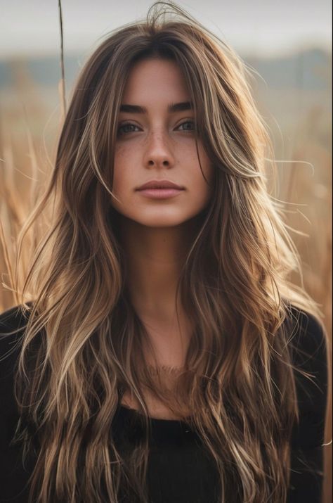 Long Haircut Textured Layers, Long Long Layered Hair, Layered Long Hairstyles Straight, Light Brunette Curtain Bangs, Women’s Long Layered Haircut, Long Layers And Angles Haircuts, Brunette Model Aesthetic, Layered Long Hair Unstyled, Super Long Hair With Curtain Bangs