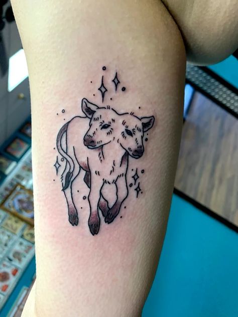 Lamb Tattoos For Women, Two Headed Calf Tattoo Design, Animal Back Tattoo, Two Headed Calf Tattoo Simple, 2 Headed Cow Tattoo, Cow Ghost Tattoo, 2 Headed Calf Tattoo, Cow And Moon Tattoo, Cow Over Moon Tattoo