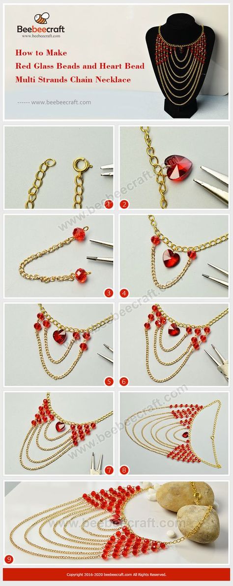 #Beebeecraft idea on making red #glassbeads and #heart bead multi strand chain #necklace #necklacemaking #jewelrymakingsupplies #Heartbeads #PandahallUSStore Beebeecraft Tutorials, Homemade Necklaces, How To Make Red, Diy Necklace Making, Wire Jewelry Tutorial, Beaded Necklace Diy, Beaded Jewels, Easy Diy Jewelry, Necklace Patterns