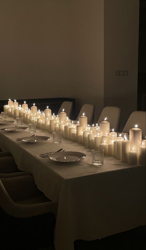 Aesthetic, dinner table, a lot of candles on the table, white candles, aesthetic, dinner, wedding wedding, candles Dinner Party Table Settings, Dinner Party Table, Party Table Settings, Dinner Table Setting, Dinner Table Decor, Candle Table, Table Set Up, Candle Dinner, Long Table