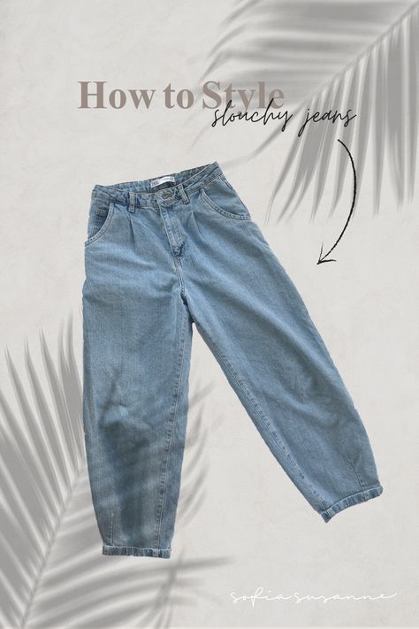 How To Wear Slouchy Jeans, Slouchy Jeans Outfit Summer, How To Style Slouchy Jeans, Elastic Jeans Outfit, Blue Jean Pants Outfits, Ballon Jeans Outfit Winter, Slouch Jeans Outfit, Baloon Jeans Outfit Ideas, Loose Denim Pants Outfit