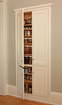 Shallow Pantry, Shallow Cabinets, Clever Kitchen Storage, Recessed Cabinet, Kitchen Wall Storage, Hidden Pantry, Built In Pantry, Pantry Wall, Craftsman Kitchen