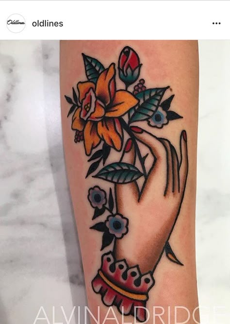 Traditional Flower Bouquet Tattoo, Narcissus Tattoo, Daffodil Flower Tattoos, Narcissus Flower Tattoos, Flower Bouquet Tattoo, Daffodil Tattoo, Traditional Tattoo Inspiration, Traditional Tattoo Flowers, Neotraditional Tattoo