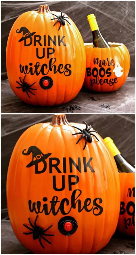 Happy Hallo-wine!  Pinterest Made me do it. Every Halloween party needs a pumpkin wine dispenser and wine bottle holder! #halloween #wine #halloweendecorations #halloweenparty Wine In A Pumpkin, Wine In Pumpkin, Wine Pumpkin Carving, Halloween Wine Night, Pumpkin Cooler, Hallowine Party, Wine Pumpkin, Pumpkin Decorating Party, Wine Walk