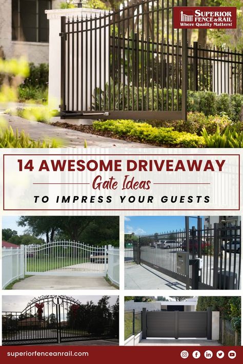 Elevate your home's curb appeal with these 14 stunning driveaway gate ideas! From modern marvels to classic designs, find inspiration to impress your guests. Explore driveway gate styles, materials, and innovative features. Upgrade your entrance today! #superiorfenceandrail #drivewaygates #homeimprovement #curbappeal #gatedesigns #impressyourguests Entrance Gates Design Modern, Ranch Gates Entrance Ideas, Modern Iron Gate Designs, Entrance Gates Driveway, Gate Images, Gate Pictures, Ranch Gates, Gate Ideas, Iron Gate Design