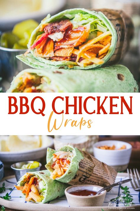 It doesn't get much easier than a bbq chicken wrap with bacon, avocado, ranch dressing, shredded lettuce, tortilla strips, and sharp cheddar cheese! Full of flavor, they're an easy dinner that doesn't require any cooking. Just assemble the wraps, and serve them with potato chips, coleslaw, pickles, fresh fruit, or fries. It's a simple meal that the whole family will love! Oven Bbq Chicken Breast, Grilled Chicken Wraps, Bbq Chicken Wraps, Avocado Ranch Dressing, Bbq Chicken Breast, Tortilla Strips, Chicken Wrap Recipes, Avocado Ranch, Easy Potato Salad