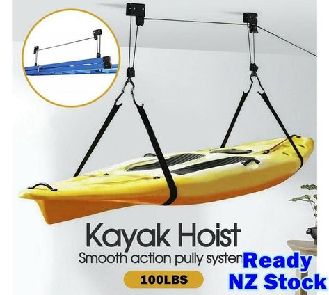 UNIVERSAL Kayak Hoist Pulley System | Trade Me Marketplace Kayak Hoist, Pully System, Garage Storage Rack, Bike Lift, Garage Storage Racks, Kayak Storage, 125 Pounds, Pulley System, Kayak Rack