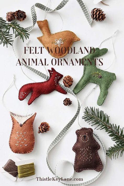 Simple Felt Woodland Animal Christmas Ornaments - See how to create felt ornaments for your Christmas tree or for handmade gift toppers. Simple Felt Patterns and Embroidery Ornaments. Woodland Theme Ornaments Or Decorations. Woodland Felt Animals Fox, Bear, Owl, Deer, Bird. Felt Mushroom Garland Diy, Felt Christmas Embroidery, Holiday Ornament Crafts For Kids, Christmas Crafts As Gifts, Felt Deer Pattern Free, Felted Decorations, Sewing Ornaments Christmas, Fox Ornament Pattern, Christmas Embroidery Decorations