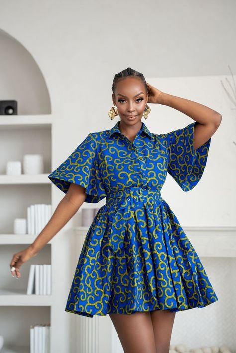 African Mini Dress, African Summer Dress, Patterned Printed A-line Dress, Printed A-line Mini Dress For Party, Blue Printed Mini Length Dress, Cotton Mini Dress With Printed Short Sleeves, Printed Fitted Sundress, Blue Printed Knee-length Mini Dress, Printed Knee-length Mini Dress