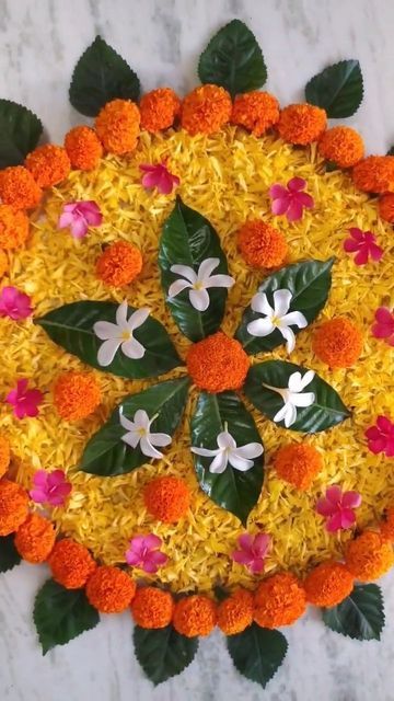 Small Flower Rangoli Designs Simple, Rangoli Designs With Flowers Petals, Flower Rangoli Designs Simple, Small Flower Rangoli, Wedding Rangoli, Flower Rangoli Designs, Apartments Ideas, Simple Flower Rangoli, Home Flower Decor