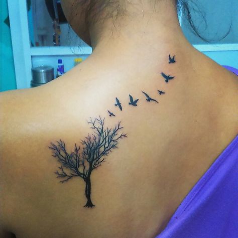 Tree And Bird Tattoos For Women, Arm Forest Tattoo, Tree And Birds Tattoo, Tree Birds Tattoo, The Forest Tattoo, Tree With Birds Tattoo, Ideas For Tattoos, Bird Tattoo Neck, Tattoo Birds