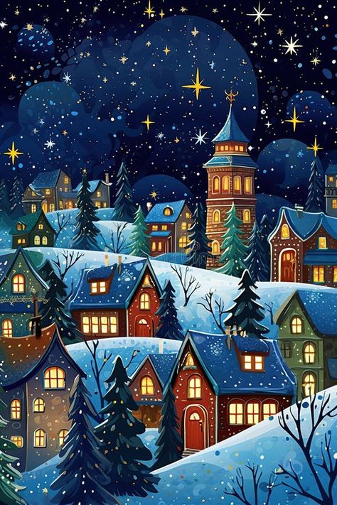 Christmas city panorama winter town card. European Old town at Xmas eve with cozy buildings stock photography Christmas Night Painting, Christmas Street Illustration, Christmas Town Painting, Winter Town Drawing, Christmas City Illustration, Christmas Village Town Square, Christmas Town Illustration, Christmas Village Scene Illustration, Winter Village Art