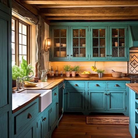 You Will Fall in Love With These 28 Blue Kitchens Distressed Turquoise Kitchen Cabinets, Teal Cabinets With Butcher Block, Kitchen Ideas Turquoise, Cyan Kitchen, Kitchen Teal Cabinets, Teal Farmhouse Kitchen, Aqua Kitchen Cabinets, Turquoise Kitchen Ideas, Turquoise Kitchen Cabinets