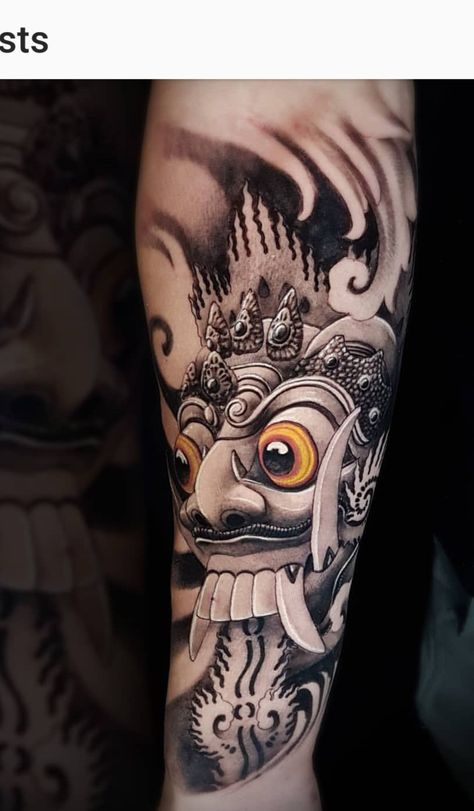 Balinese Sleeve Tattoo, Lumina Tattoo Studio Bali, Tattoo Leak Bali, Barong Tattoo Balinese, Barong Rangda Tattoo, Tattoo Barong Bali, Rangda Tattoo Design, Bali Mask Tattoo, Tattoo Balinese