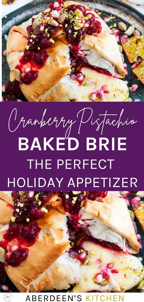 There is nothing closer to heaven than Baked Brie (except maybe a chocolate torte but that's besides the point). It's all melty and gooey and cheesy and deeeeelicious. Top it with homemade cranberry sauce, pistachios, and a sprinkle of pomegranate seeds wrapped up in crunchy phyllo dough? Yes please! Basically, this Cranberry Pistachio Baked Brie is all I want to eat for the rest of my life Layered Phyllo With Brie And Cranberry, Phyllo Wrapped Brie, Baked Brie Cranberry, Philo Dough, Baked Brie Recipe, Brie Cranberry, Baked Brie Recipes, Brie Appetizer, Homemade Cranberry Sauce