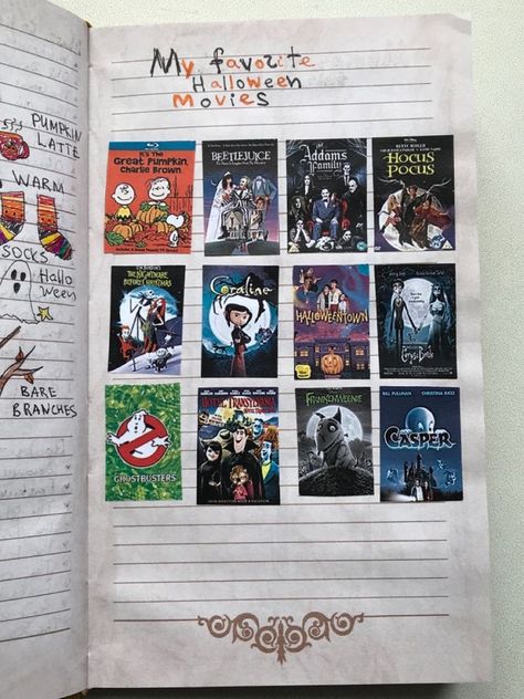 Halloween Diary Ideas, Journal Halloween Ideas, Fav Movies Journal, Halloween Sketchbook Ideas, Halloween Journal Pages, Journal Ideas Movies, Journal Ideas Halloween, Aesthetic Journal Ideas Vintage, Movie Journal Ideas