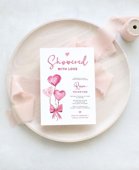 February Hearts, Showered With Love, Spring Recruitment, February Birthday, Bridal Shower Invitations Templates, Turning One, Heart Balloons, Edit Text, Invitation Sizes