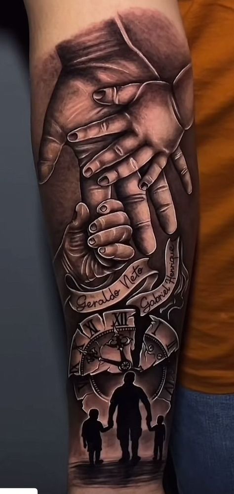 Family Tattoos Sleeve, Tattoos For Kids Dad, Fatherhood Tattoos For Men, My Sons Keeper Tattoo, Sons Name Tattoo Ideas For Men, Sleeve Tattoos For Guys Family, Tatuaje Hijos Ideas, Kids Tattoo For Dad, Children Tattoos For Men