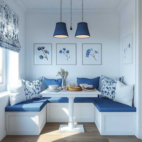 10+ Bright Blue and White Small Kitchen Furniture Ideas for a Refreshing Look • 333k+ Inspiring Lifestyle Ideas Kitchen Sofa Ideas, Sofa In Kitchen, White Small Kitchen, House Color Ideas, Seating Booth, Small Kitchen Furniture, Modern Breakfast Nook, Deck Furniture Layout, Kitchen Furniture Ideas