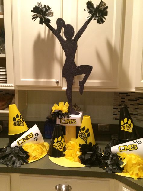 Cheer centerpieces for CMS cheer camp #cheercamp #cheerbling #centerpiece Cheer Megaphone Centerpieces, Cheerleading Centerpieces Banquet Ideas, Cheer Table Decorations, Cheer Table Centerpieces, Cheer Centerpieces Banquet Ideas, Megaphone Centerpieces, Cheerleader Decorations, Cheerleader Party Decorations, Cheerleading Centerpieces