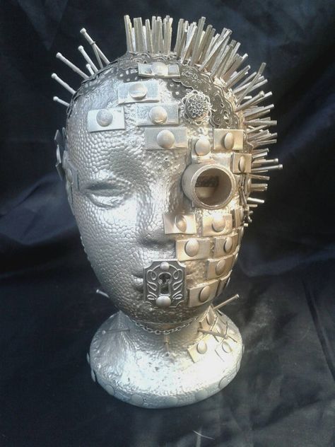 Migraine Art, Styrofoam Heads, Gothic Sculpture, Surrealism Sculpture, Button Wall Art, Mannequin Decor, Styrofoam Art, Mannequin Challenge, Styrofoam Head