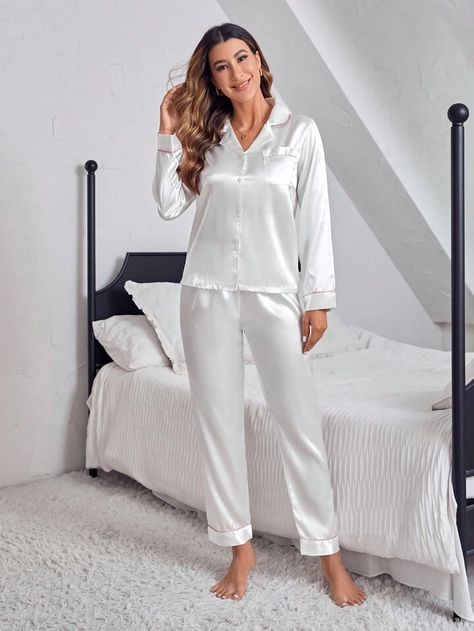 Colorblock Satin Shirt And Pants Pajama Set With Contrast Trim White Set | SHEIN USA Sleepwear Women Pajamas, Plus Size Robes, Sleepwear Fashion, Women's Robe, Women's Nightgowns, White Set, Satin Shirt, Pretty Lingerie, Lace Slip