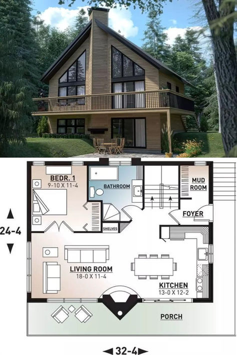 The Skybridge 3-Bedroom Lake-Style Cottage with Wraparound Porch and Loft (Floor Plan) 3 Bedroom Cottage Plans With Loft, Cabin Layout, Lodge House Plans, Loft Floor Plan, Loft Floor, Wraparound Porch, Lake Style, Mansion Floor Plan, Lakeside Living