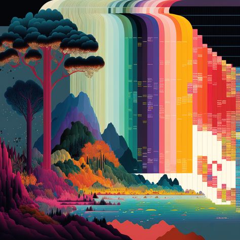 data visualization inspired AI art Witch Mountain, Data Art Visualization, Draw Waterfall, Witch Manga, Super Hero Powers, Rainbow Waterfall, Anime Monsters, Elves And Fairies, Fairies Elves