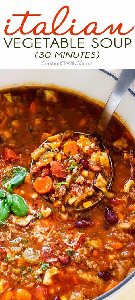 Italian Vegetable Soup - Carlsbad Cravings Ground Beef And Veggies, Italian Vegetable Soup, Homemade Vegetable Beef Soup, Beef And Veggies, Soup Hearty, Vegetable Soup Healthy, Carlsbad Cravings, Tomato Broth, Italian Vegetables